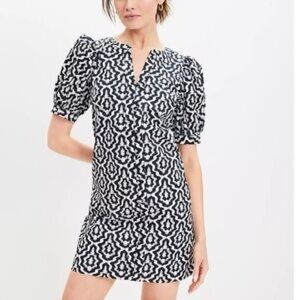 LOFT Black and White Geometric Poplin Mini Dress